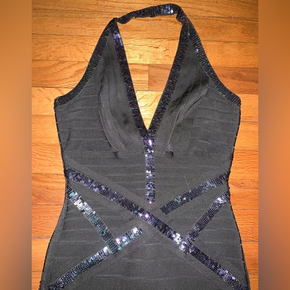 Herve Leger Kaitlyn Sequin Bandage Halter neck Mini Dress Army Green Small - Picture 3 of 7